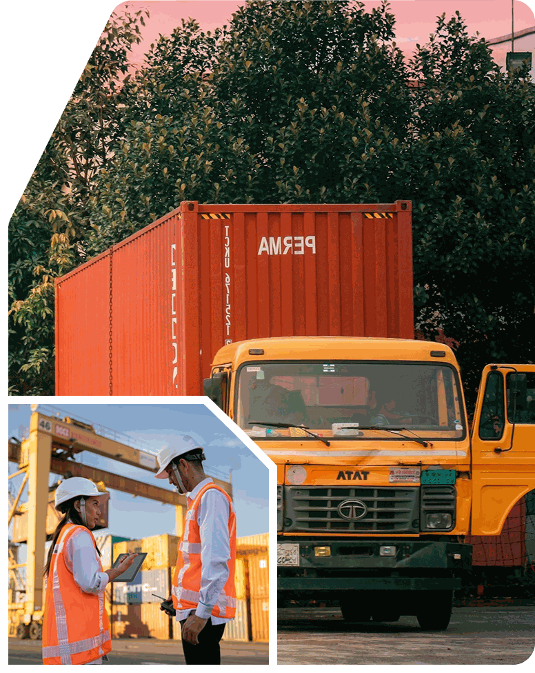 Hans Air Express truck and shipping container yard for cargo logistics operations